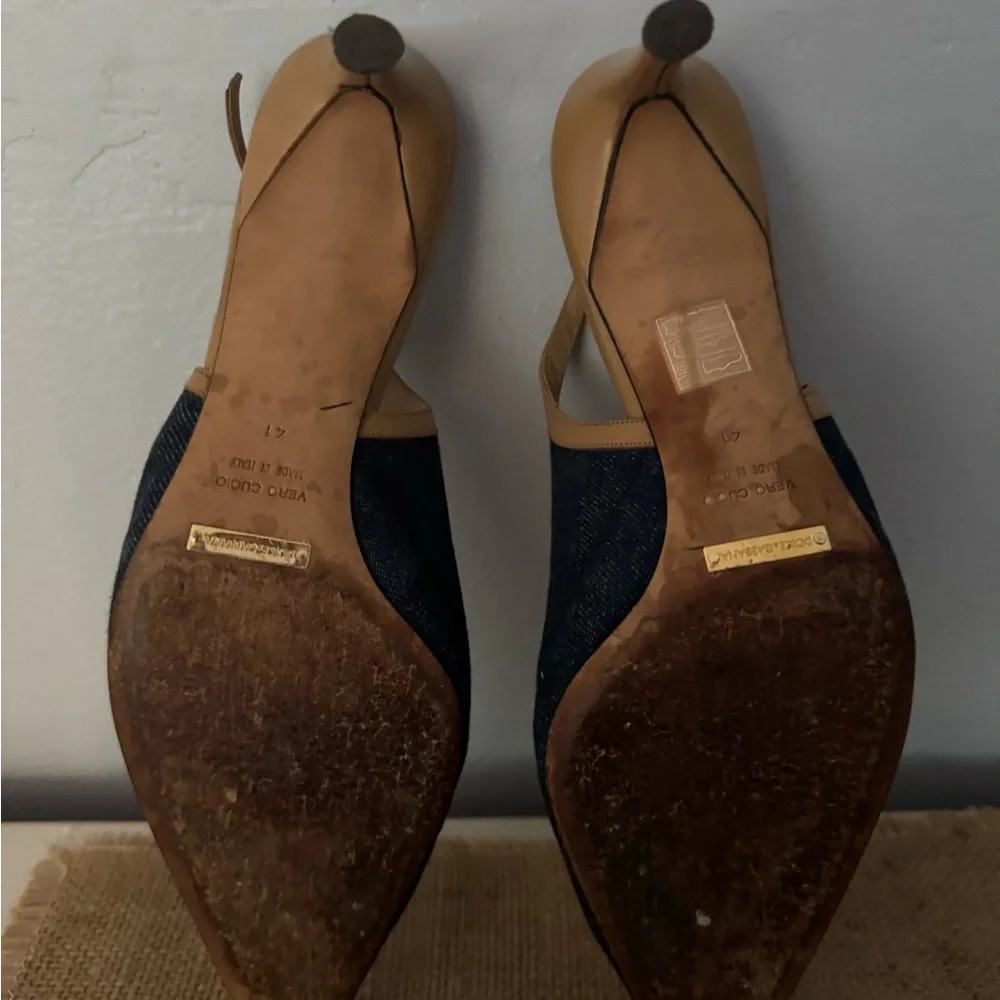 Dolce & Gabbana Denim Pointed Slingback Pumps with Tan Trim Vintage
